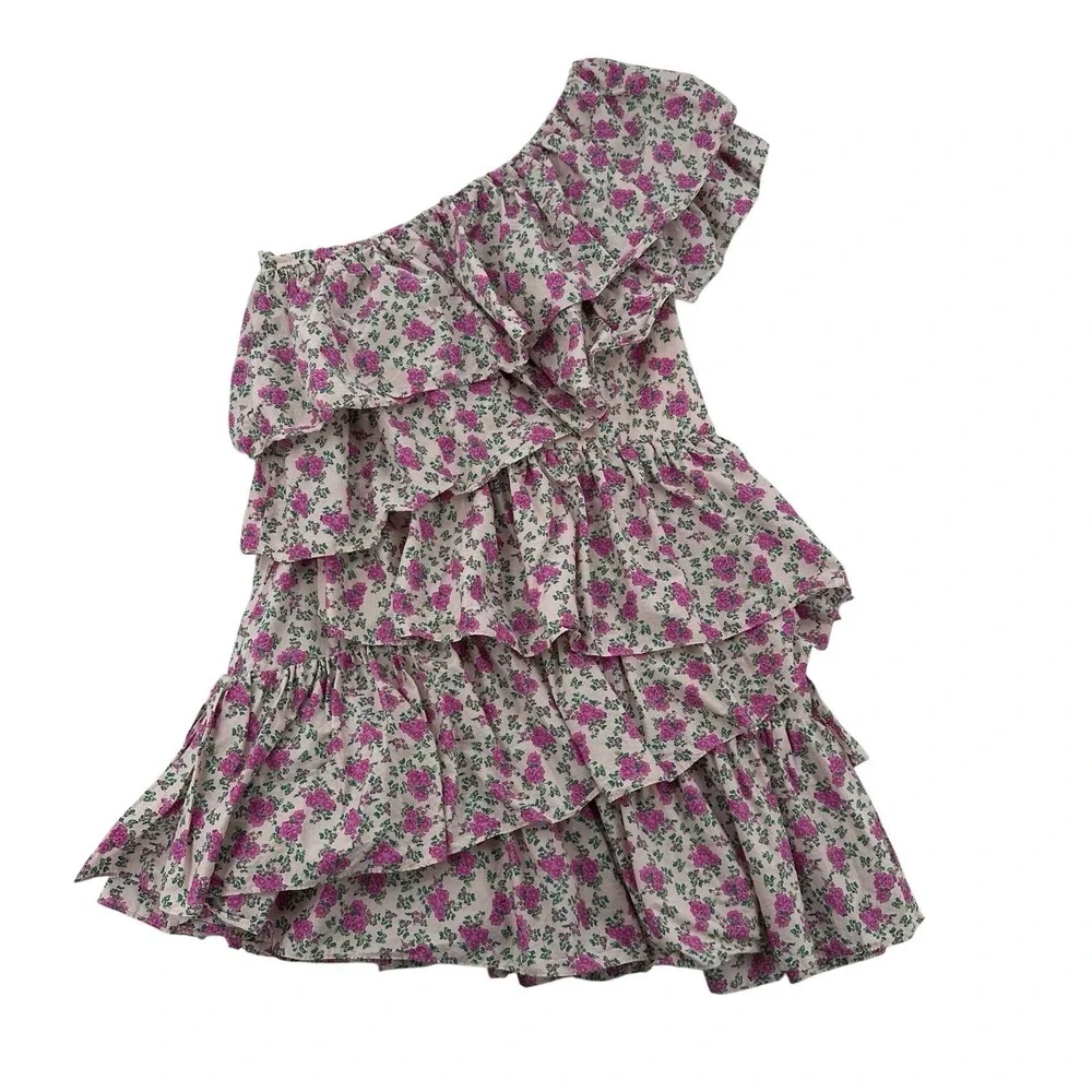 VICI x Gina Floral One Shoulder Ruffle Mini Dress Pink Green XL HN1090D Summer - Picture 3 of 8